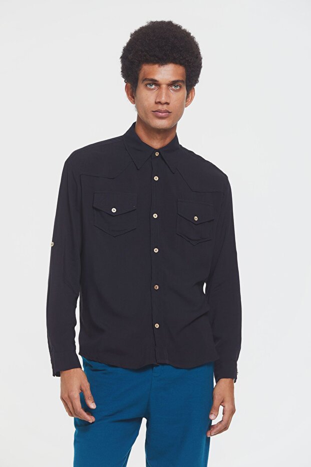 Long Sleeve Shoulder Detailed Men's Shirt Black