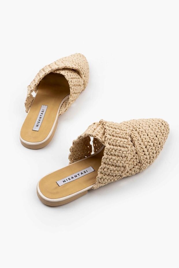 Dámske papuče Laila Béžové pletené s krížovým remienkom - 6