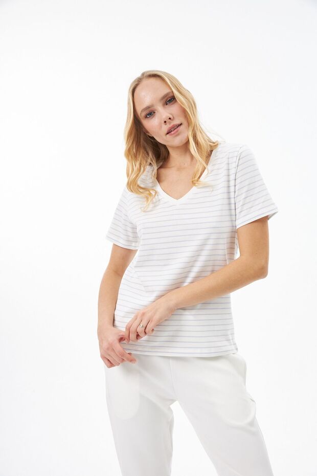 100% Organic Cotton V-Neck Striped T-shirt Ecru/Brown