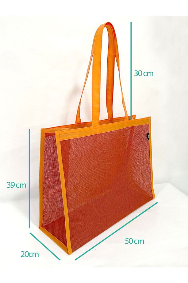 Kadın File Plaj Çantası Turuncu Renk Yüksek Kaliteli File Kumaş 39x50 Cm Geniş Hacimli Plaj Çantası - 4