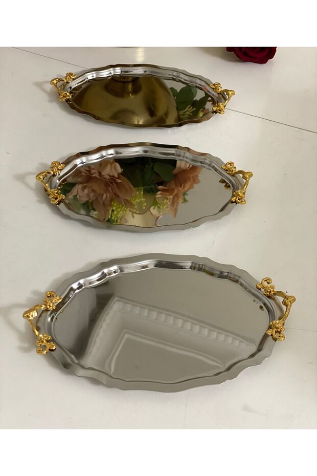 15*21 CM ÇELİK OVAL MODEL KULPLU 6 ADET SERVİS VE SUNUM TEPSİSİ - 3