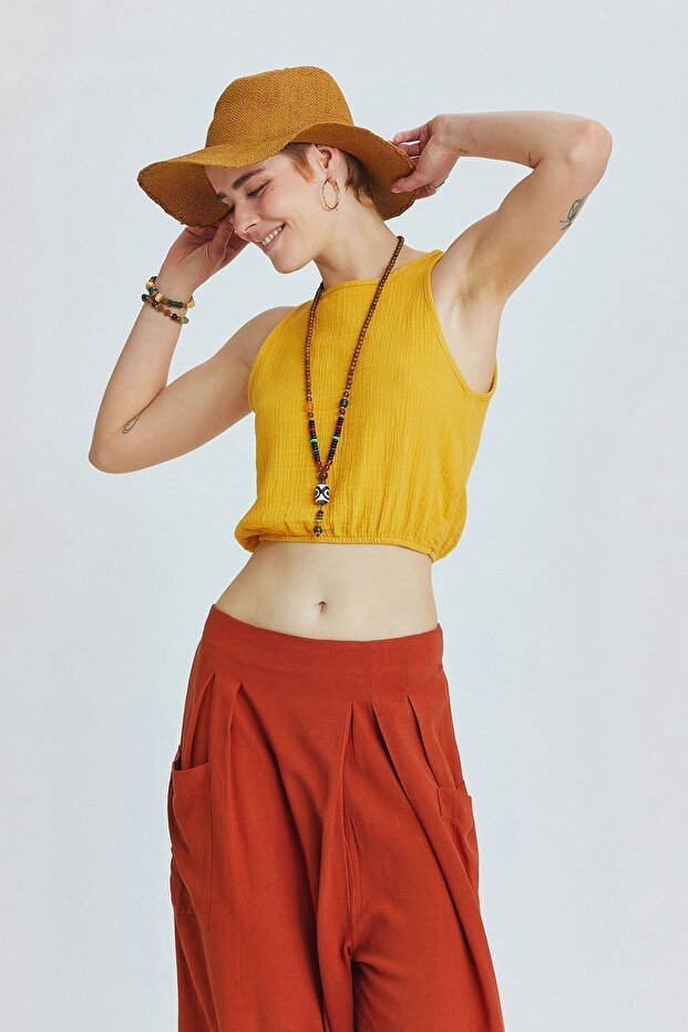 Elastic Waist Basic Crop Blouse Mustard