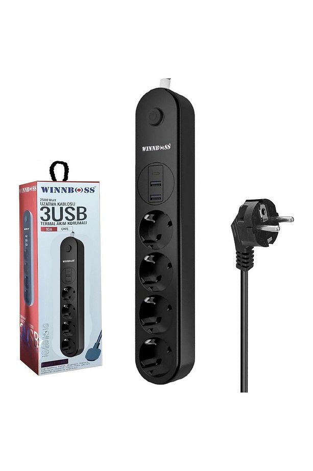 2 USB + 1 Type-C Girişli Uzatma Kablosu | 4 Priz | 2 Metre | Termal Korumalı - 1