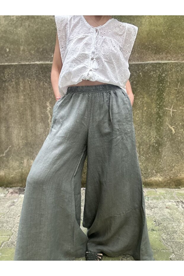 Pantaloni din in kaki - talie elastică, picior lat, buzunare, model STD - 6