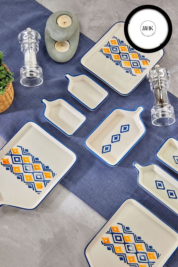 14 Parça 6 Kişilik Motifli Stackable Kahvaltı Takımı - Lüx Kahvaltılık Sunum Seti Tabağı - 5