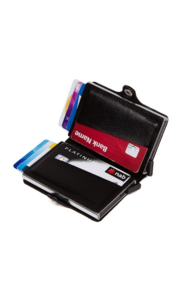 Newish Original Unisex Black Leather Card Holder with Double Aluminum Mechanism, 7x10 cm