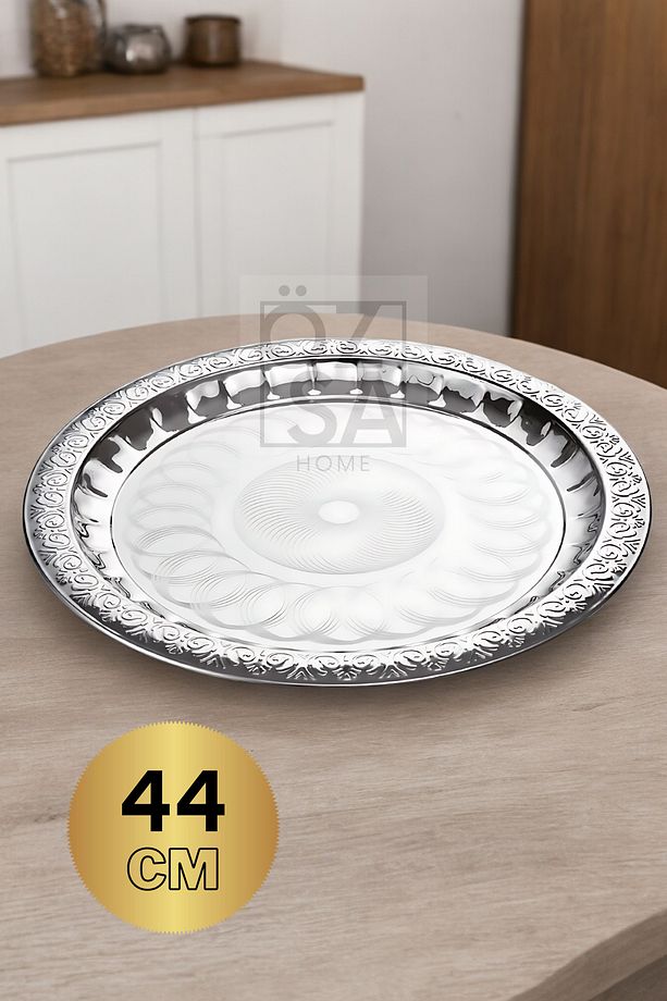 Paslanmaz Çelik Desenli Yuvarlak Çay Tepsi Kahve Servis Sunum Tepsi 44cm - 1
