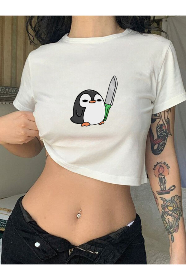 Killer Penguin Model Printed White Women's Crop Body T-Shirt