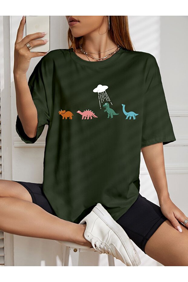 Oversized alien dinosaur Printed t-shirt