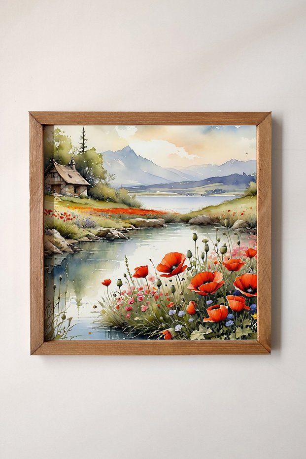 Wooden Framed, Watercolor Effect Lake, Poppies, Mountain, Tiny Hut Landscape Painting, Watercolor