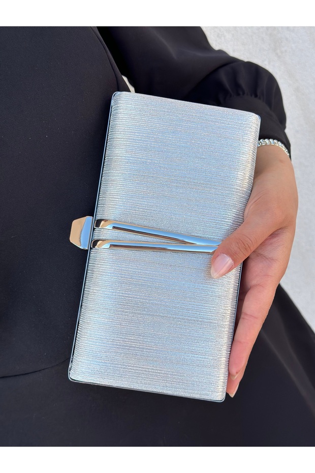 Women's Silver Laser Covered Evening Dress Shoulder Bag with Accessory Detail and Chain