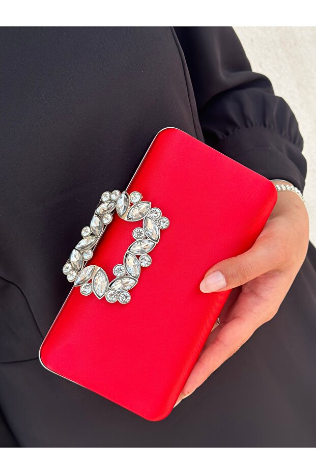 Women's Red Satin Covered Accessory Detailed Chain Evening Dress Shoulder Bag