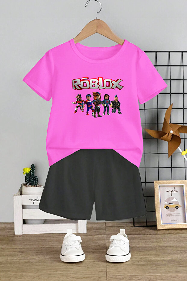 طقم أطفال مكون من قطعتين بياقة دائرية وشورت مطاطي مطبوع عليه Roblox 11001