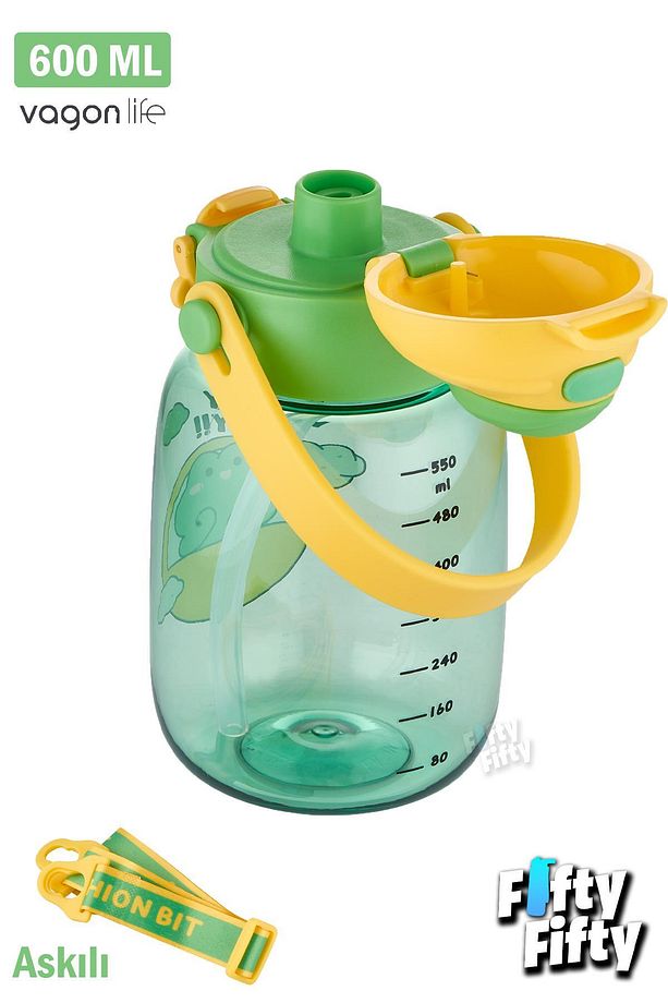 Tek Kapak Çift Kullanım Pipetli/Pipetsiz 600 ML Askılı Taşıma Kulplu Su Matarası-FFVGN2028 - 3
