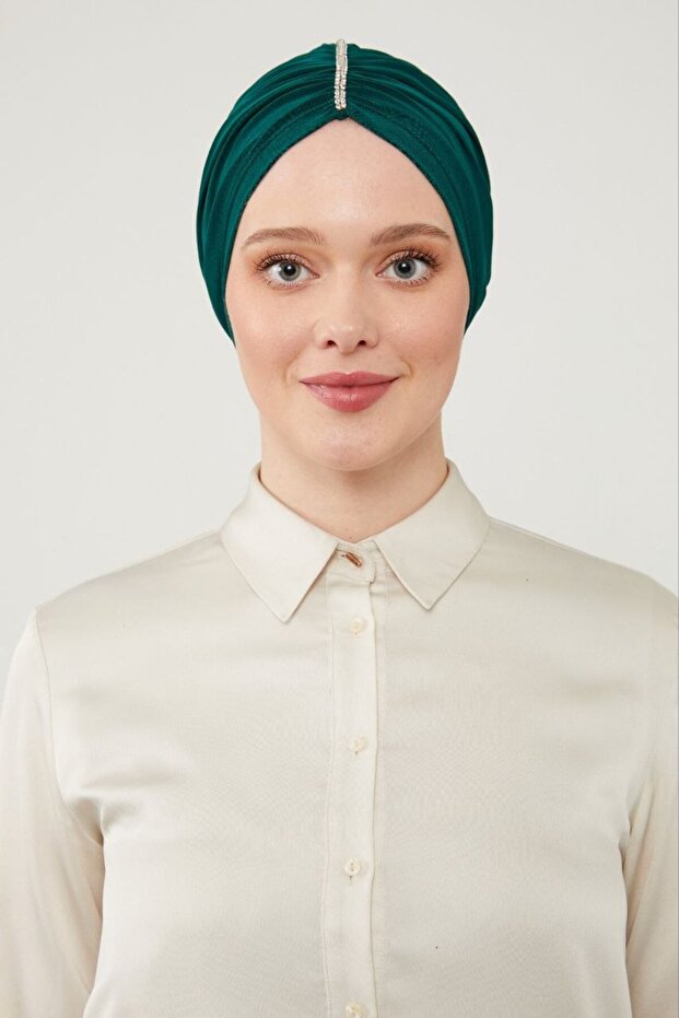 Women's Hijab with Stones, Outer Bonnet, Emerald Green