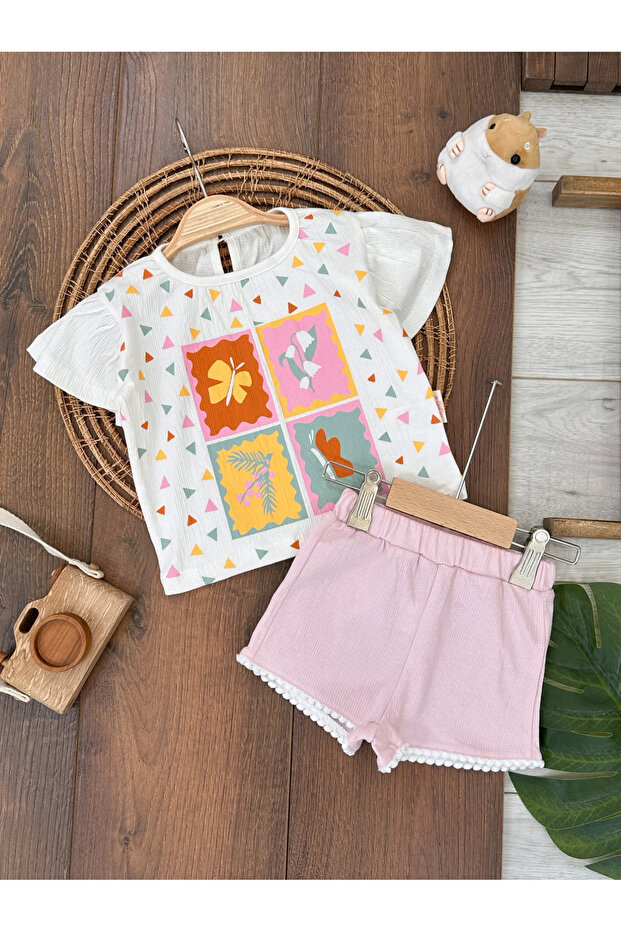 Geometric Patterned Frilled Shorts Stretchy Summer Set for Baby Girls