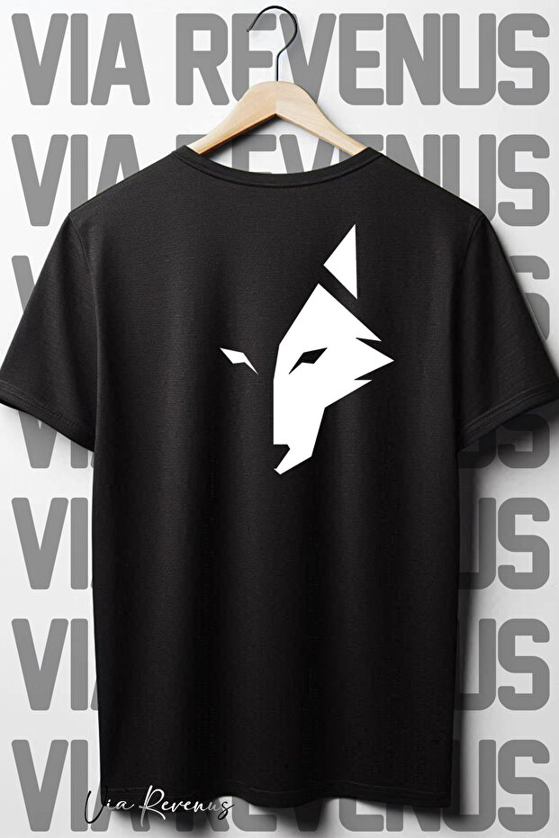 Wolf Back Printed Oversize Wide Fit Crew Neck Black Tshirt