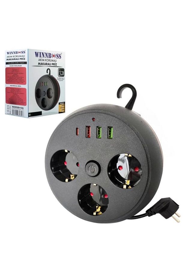 Makaralı 3'lü 1,9m Uzatma Kablosu Akım Korumalı Priz 3XUSB 1 X Type-C Griişli Duvar Askılı - 2