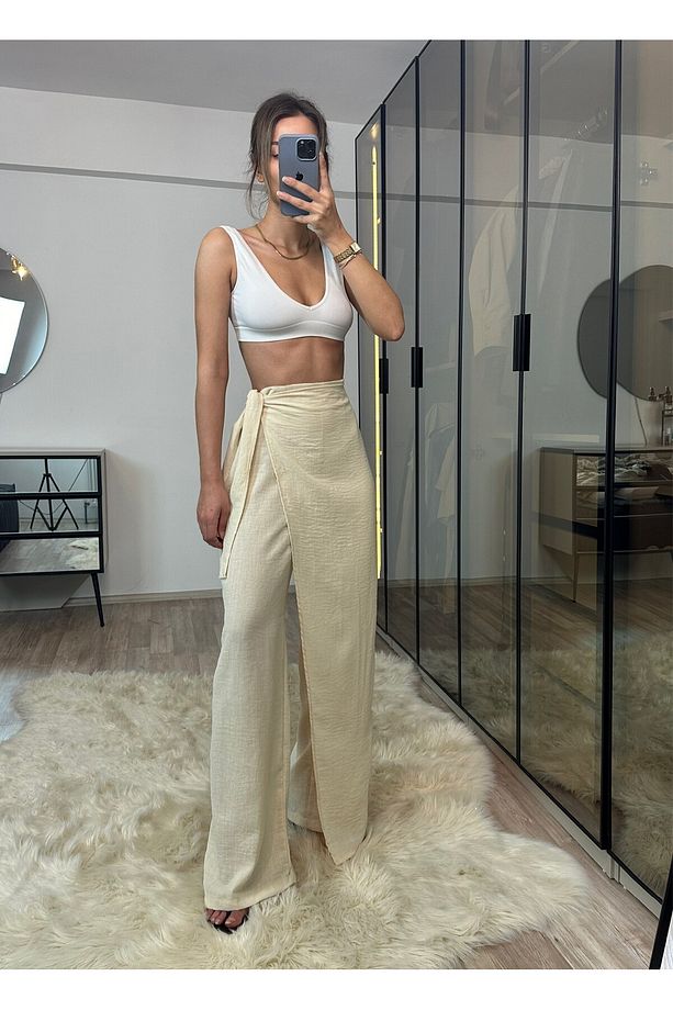 Keira Bej Ekstra Yüksek Bel %100 Ham Keten Kapaklı Pantolon - 5