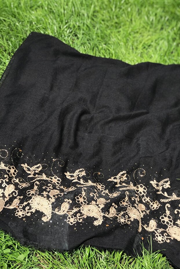 Women's Black Stone Embroidered and Embroidered Natural Shawl