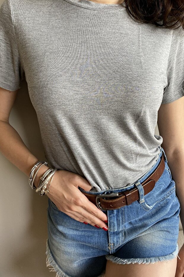Paloma Gri Basic T-shirt - Bisiklet Yaka - Viskon Kumaş - 3