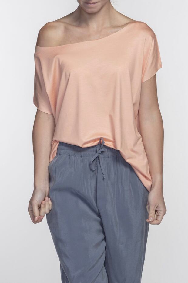 Eileen Kayık Yaka Viskon Pudra Rengi Basic T-shirt - 3