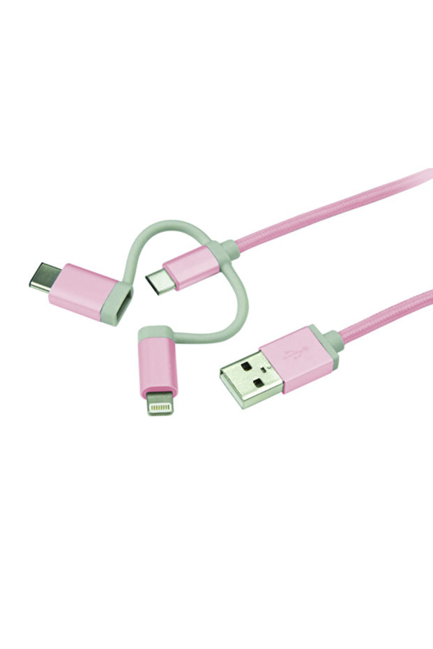 3in1 1 Mt Iphone Type-c Micro Usb Örgü Şarj Kablosu Pembe - 2