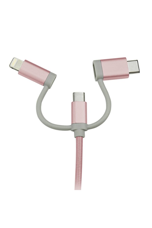 3in1 1 Mt Iphone Type-c Micro Usb Örgü Şarj Kablosu Pembe - 3
