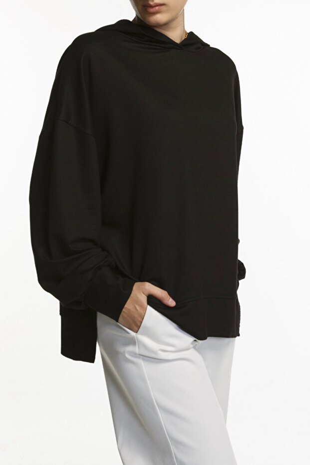 Nova Kapüşonlu Oversized Siyah Sweatshirt - 3