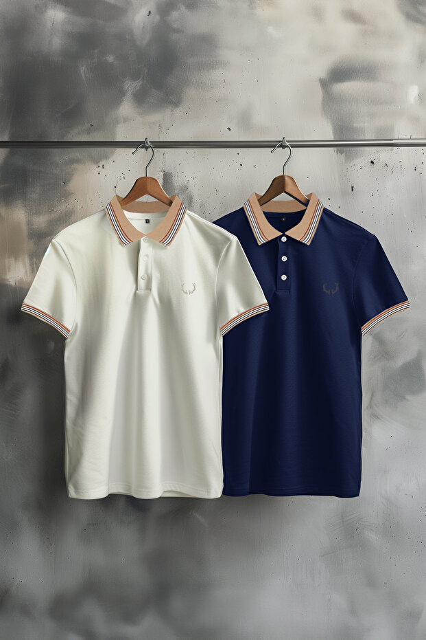 Lacivert-Beyaz 2'li Paket Slim/Dar Kesim Geyik Nakışlı %100 Pamuklu Polo Yaka T-Shirt TMNSS24PO00031 - 1
