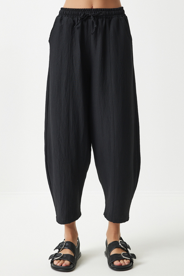 Schwarze Shalwar-Hose aus Leinenviskose mit Taschen für Damen CV00001 - 4