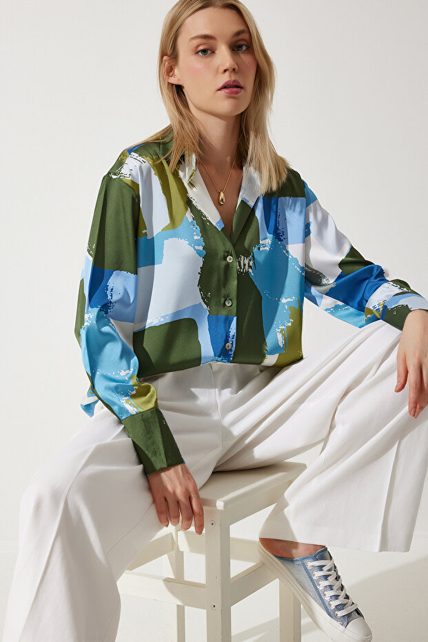 Women's Blue Green Print Oversize Satin Shirt Sv00012