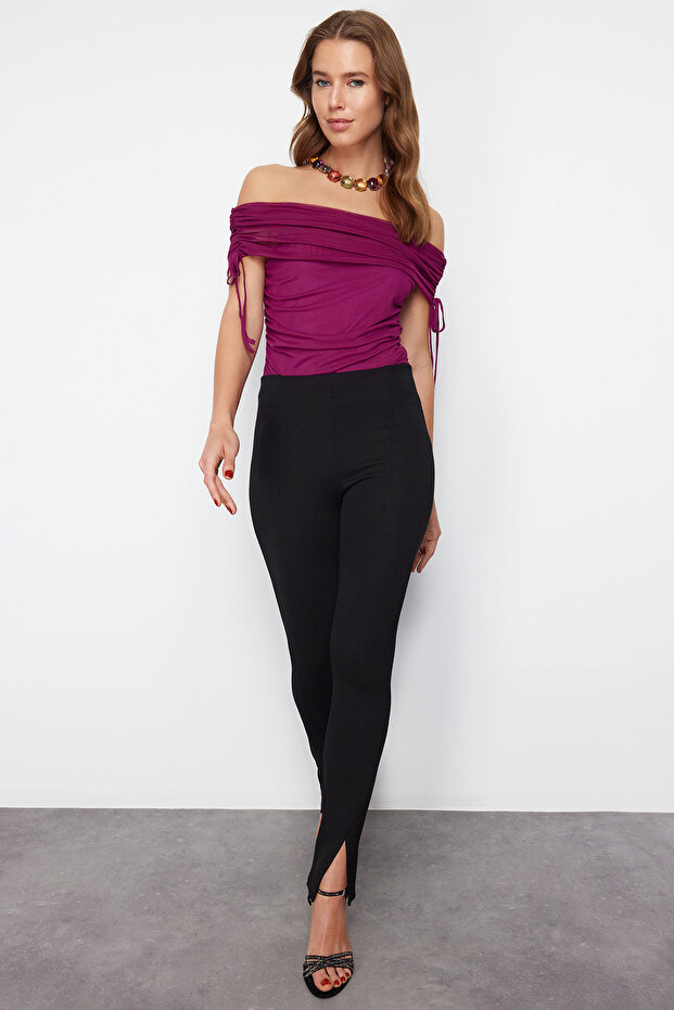 Mürdüm Carmen Yaka Örme Tül Body TPRSS24BD00021 - 3