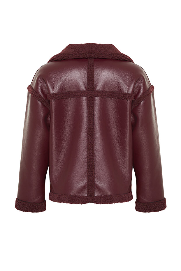 Bordo Peluş Detaylı Suni Deri Biker Ceket Mont TWOAW25MO00066 - 15