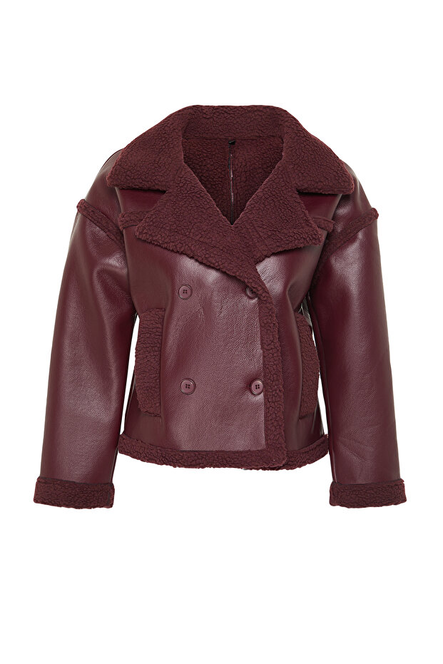 Bordo Peluş Detaylı Suni Deri Biker Ceket Mont TWOAW25MO00066 - 14