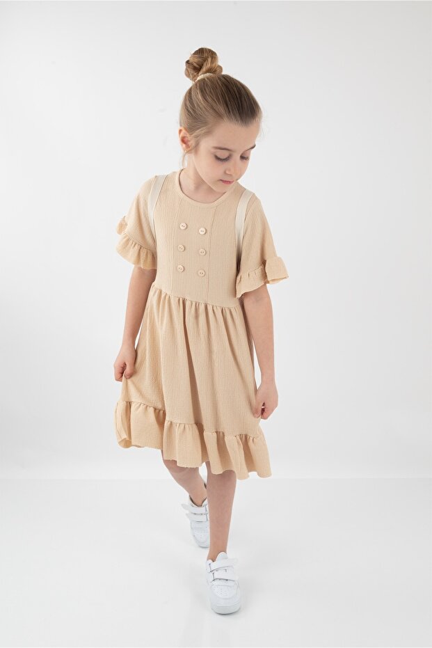 SHORT SLEEVE FIFRFIR AND BUTTON DETAIL GIRL'S DRESS WITH BAG