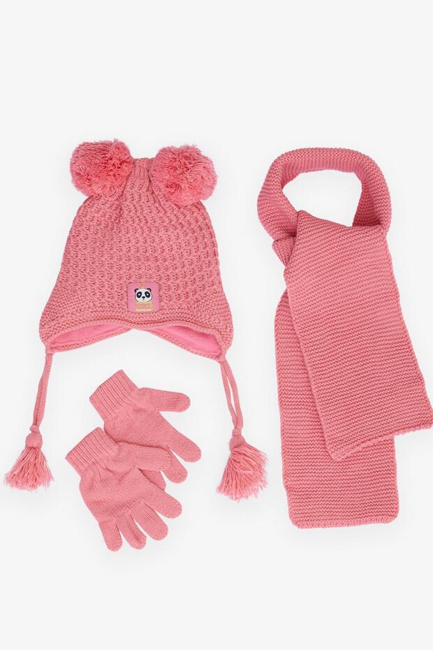 Girls' Scarf and Hat Set, 3-Piece, Cute Queen Panda Emblem, Ages 1-4, Pomegranate