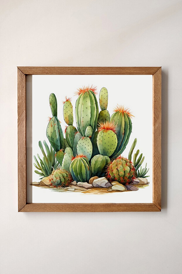Watercolor Effect Cactus Painting with Wooden Frame, Watercolor