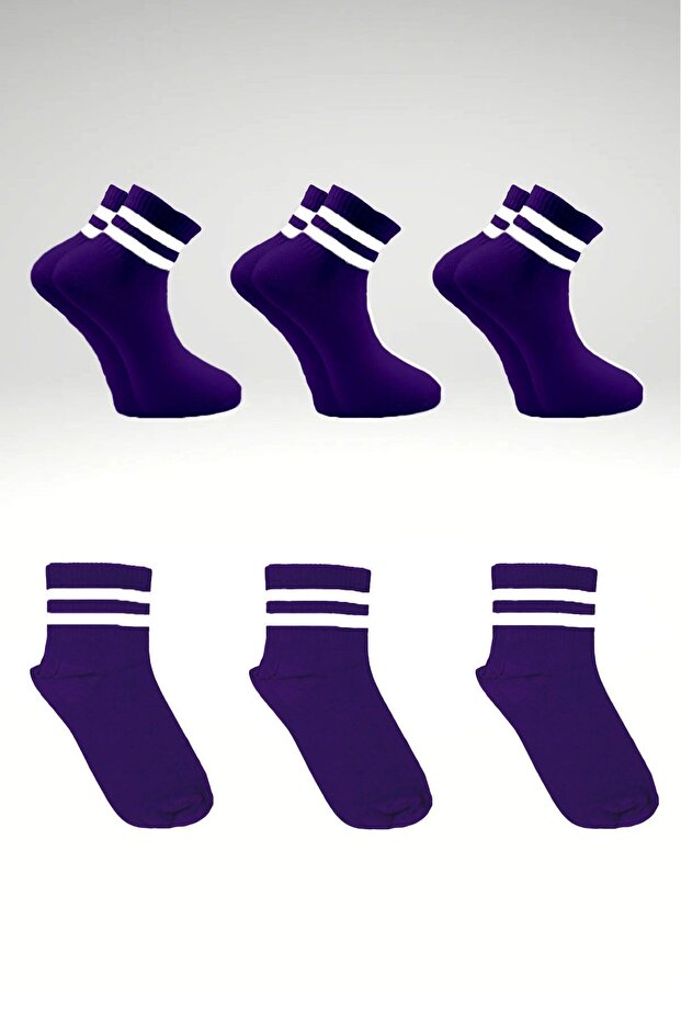 Unisex White 2 Striped Purple Half Socks Tennis Socks College 3 Pack