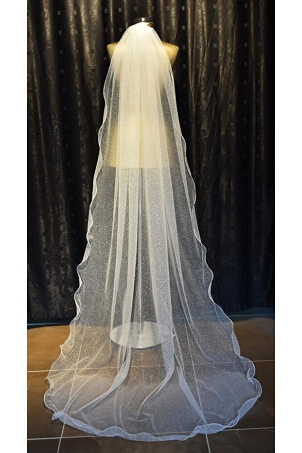 Glittery Long Wedding Dress Veil Single Layer with Comb 230 Cm Off-White