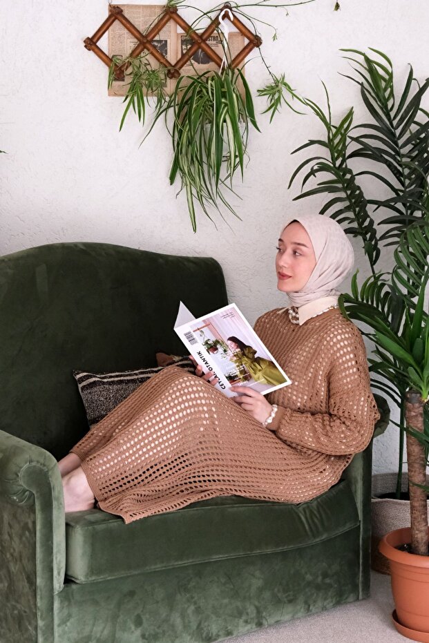 Sütlü Kahve File Triko Elbise - 3