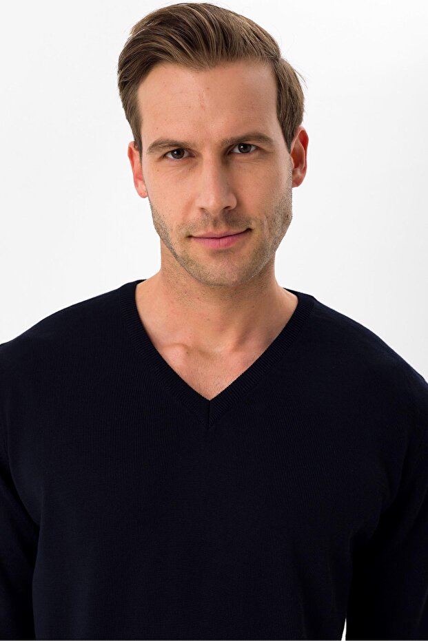 V Yaka Regular Kalıp Düz Triko - 3