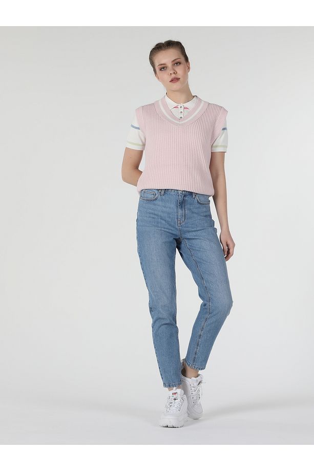 Regular Fit V Yaka Triko Pembe Kadın Kazak Cl1057397 - 3
