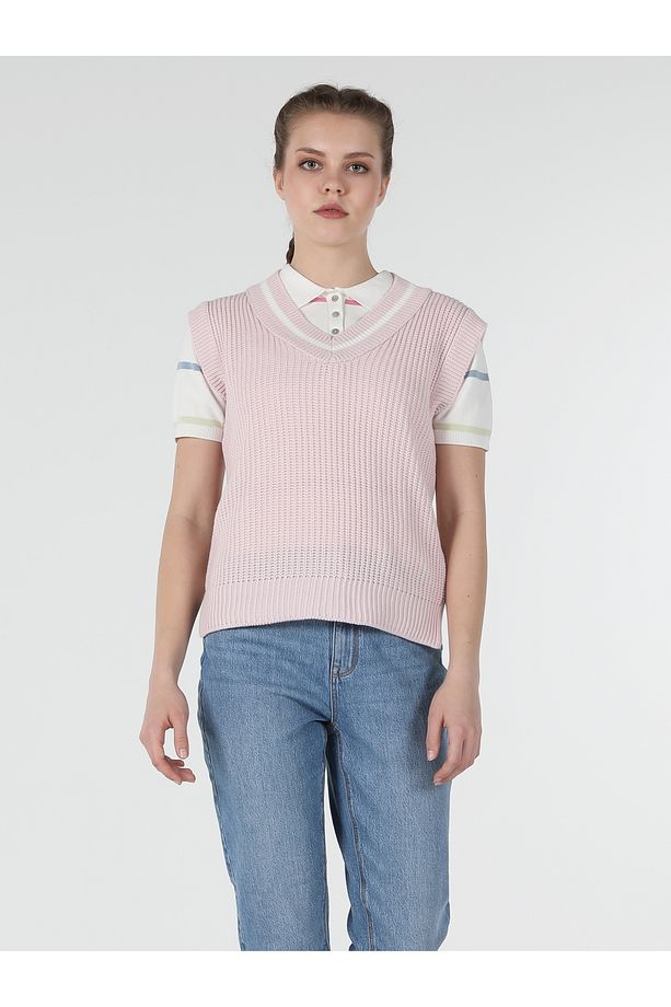 Regular Fit V Yaka Triko Pembe Kadın Kazak Cl1057397 - 4