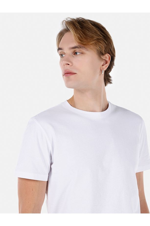 Regular Fit Bisiklet Yaka Basic Beyaz Erkek Kısa Kol Tişört - 4