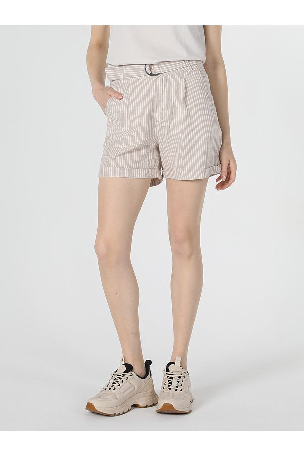 Regular Fit Yüksek Bel Bej Kadın Şort Cl1058782 - 4