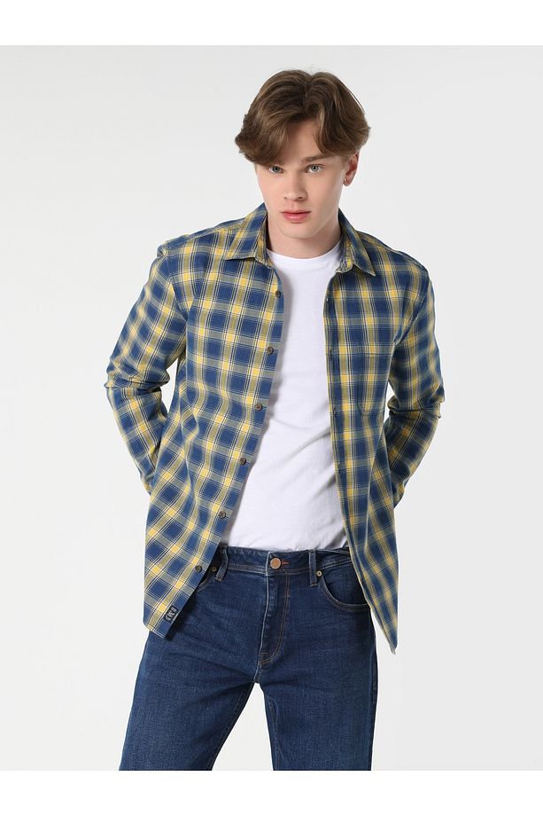 Slim Fit Kareli Mavi Erkek Uzun Kol Gömlek Cl1061650 - 5