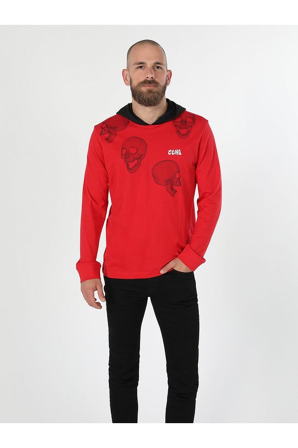 Regular Fit Bisiklet Yaka Kapüşonlu Baskılı Kırmızı Erkek Uzun Kol Tişört Cl1060476 - 3