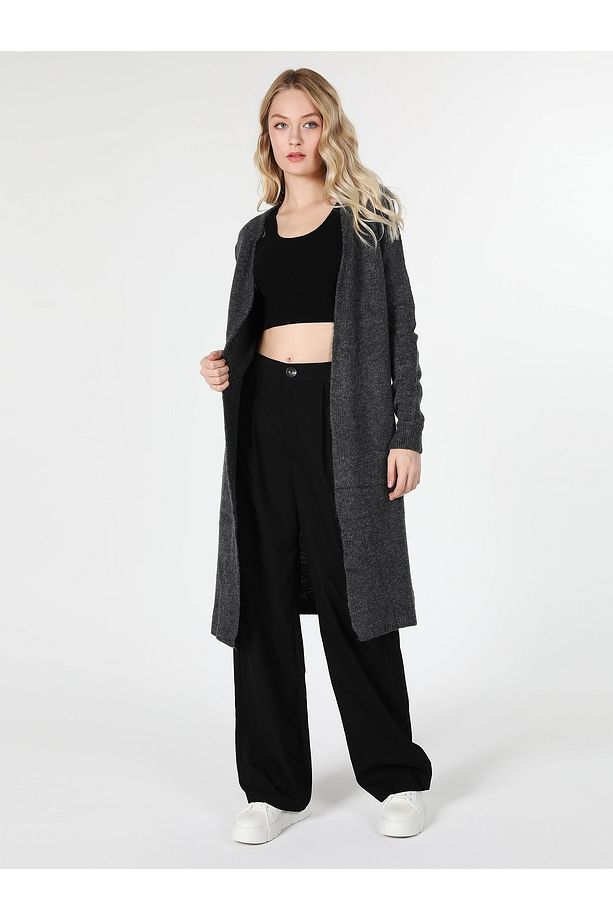 Regular Fit Uzun Antrasit Kadın Hırka Cl1061438 - 4
