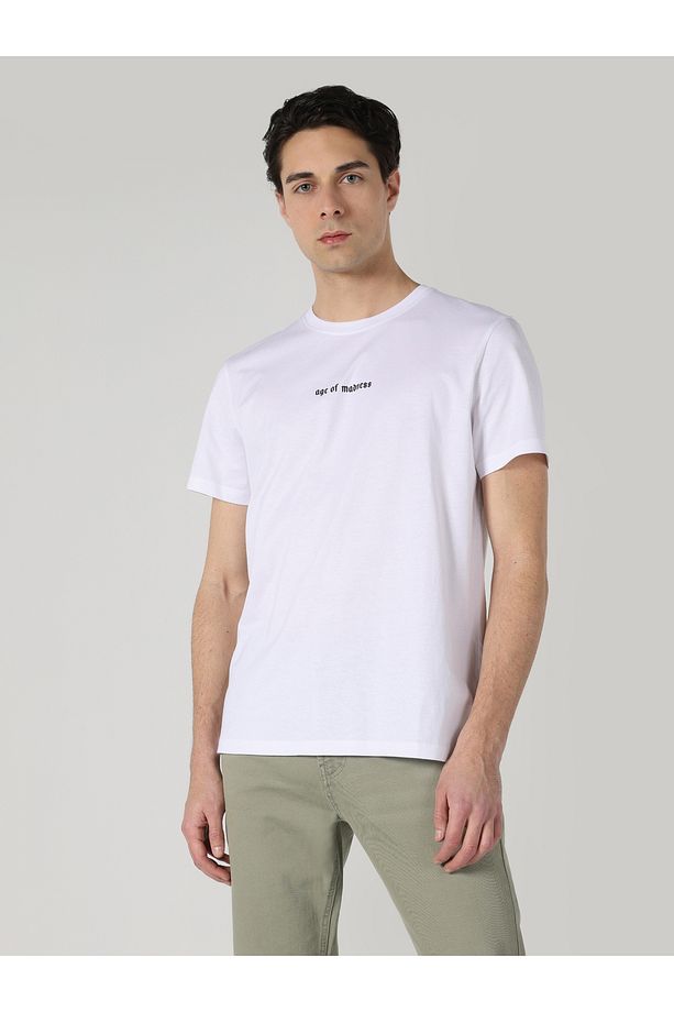 Regular Fit Bisiklet Yaka Baskılı Beyaz Erkek Kısa Kol Tişört Cl1061567 - 1